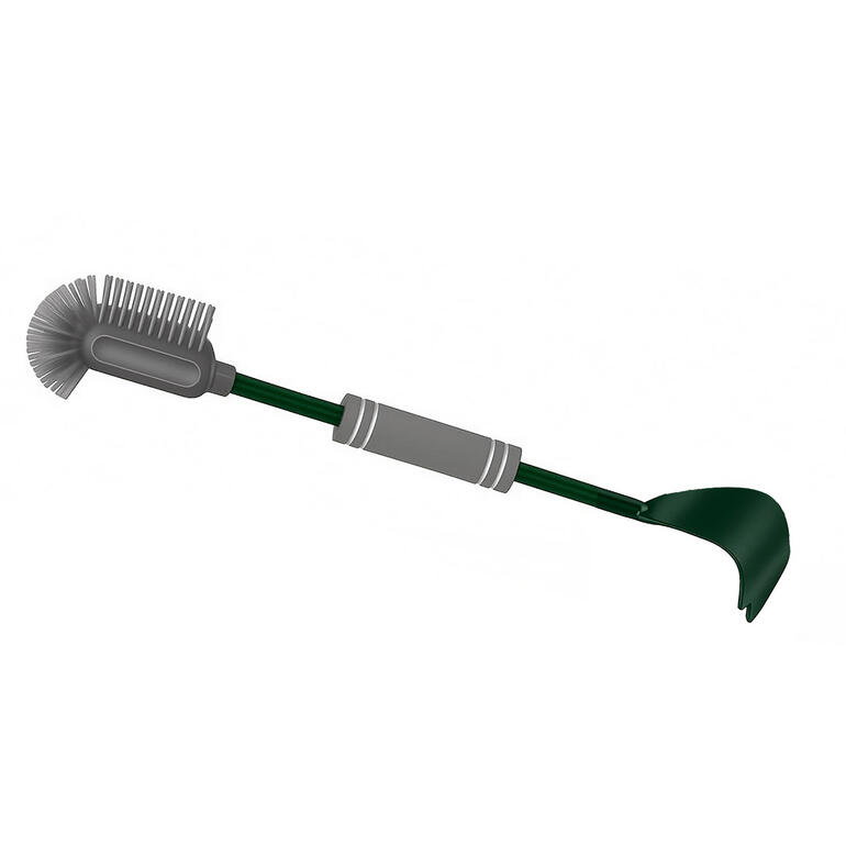 Outil de nettoyage pour tondeuse à gazon avec une brosse et une pelle à l'extrémité.