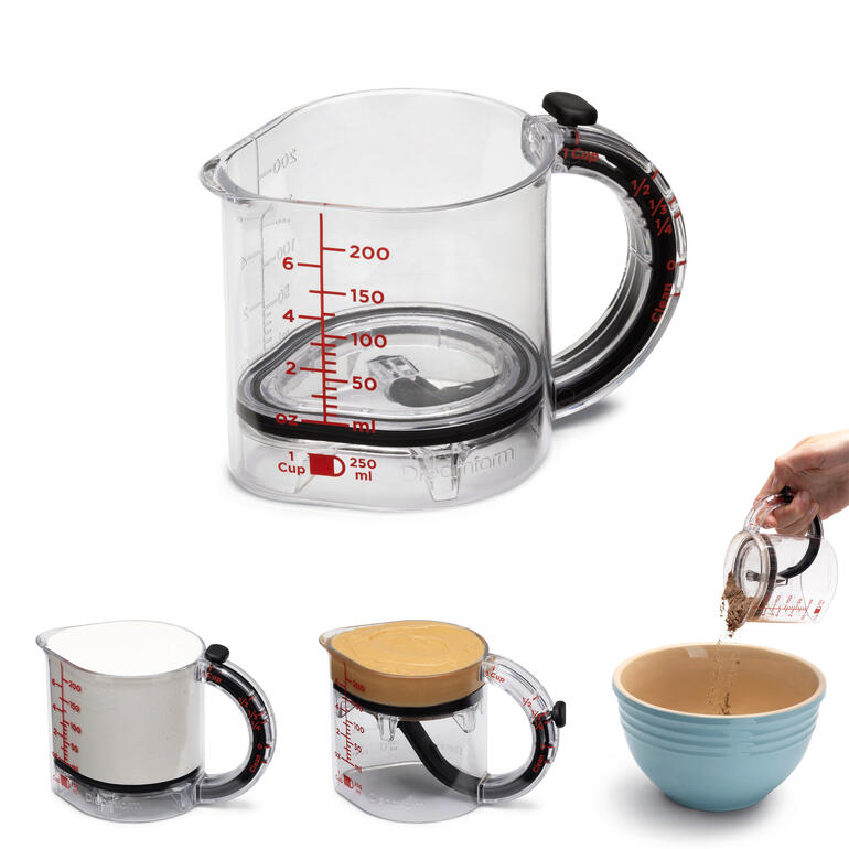 Tasse doseuse avec système d'auto-nettoyage et différents niveaux de remplissage.