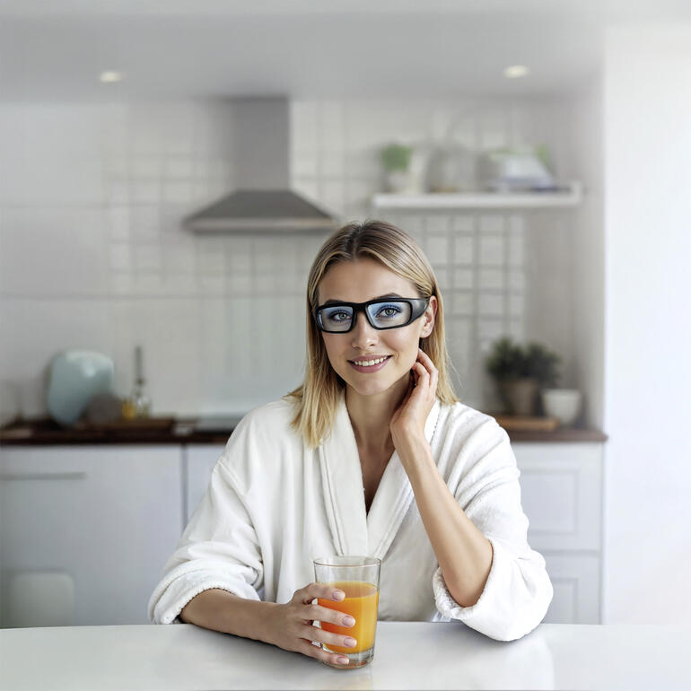 Femme portant des lunettes de lumière dans la cuisine avec une boisson.