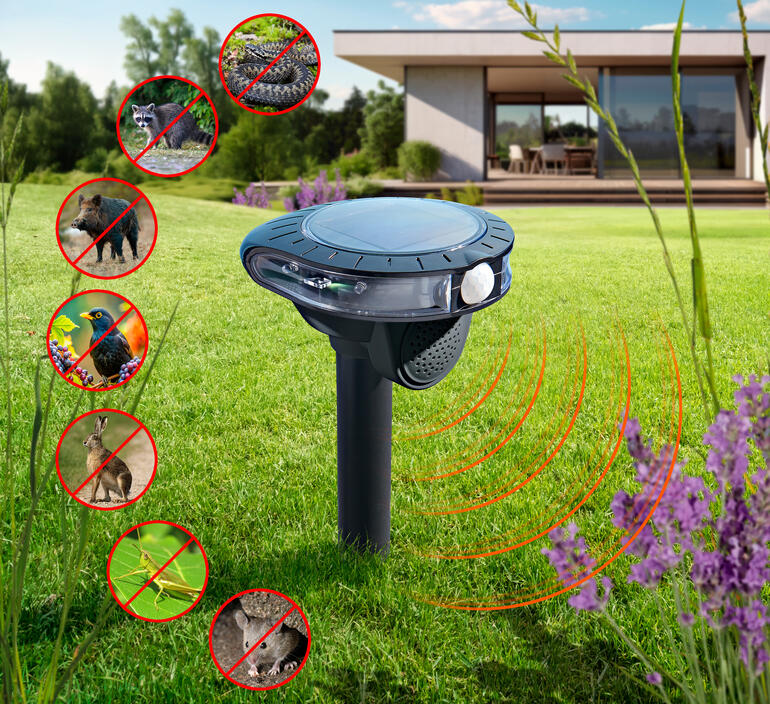 Système de lutte contre les animaux électroniques dans le jardin avec différents animaux sous forme de symboles.