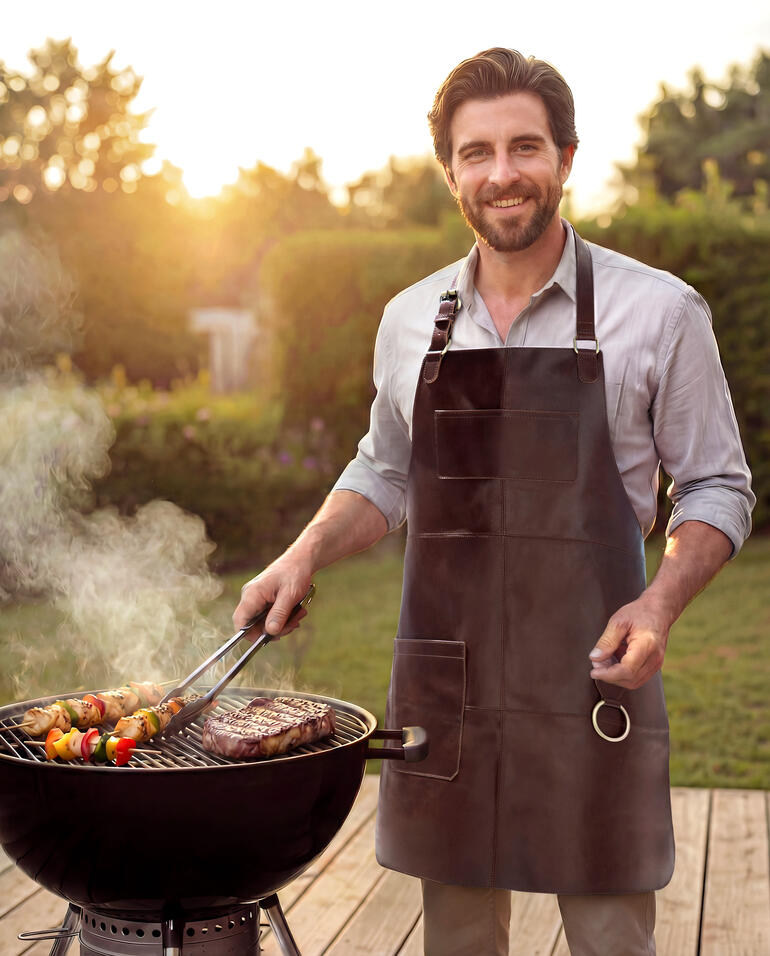 Homme barbecuant avec un tablier en cuir de buffle dans le jardin.