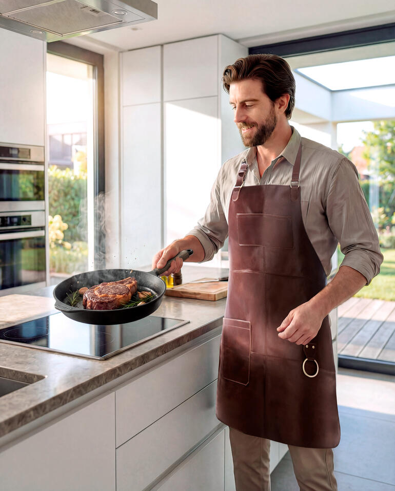 Homme portant un tablier en cuir de buffle cuisinant dans une cuisine moderne.
