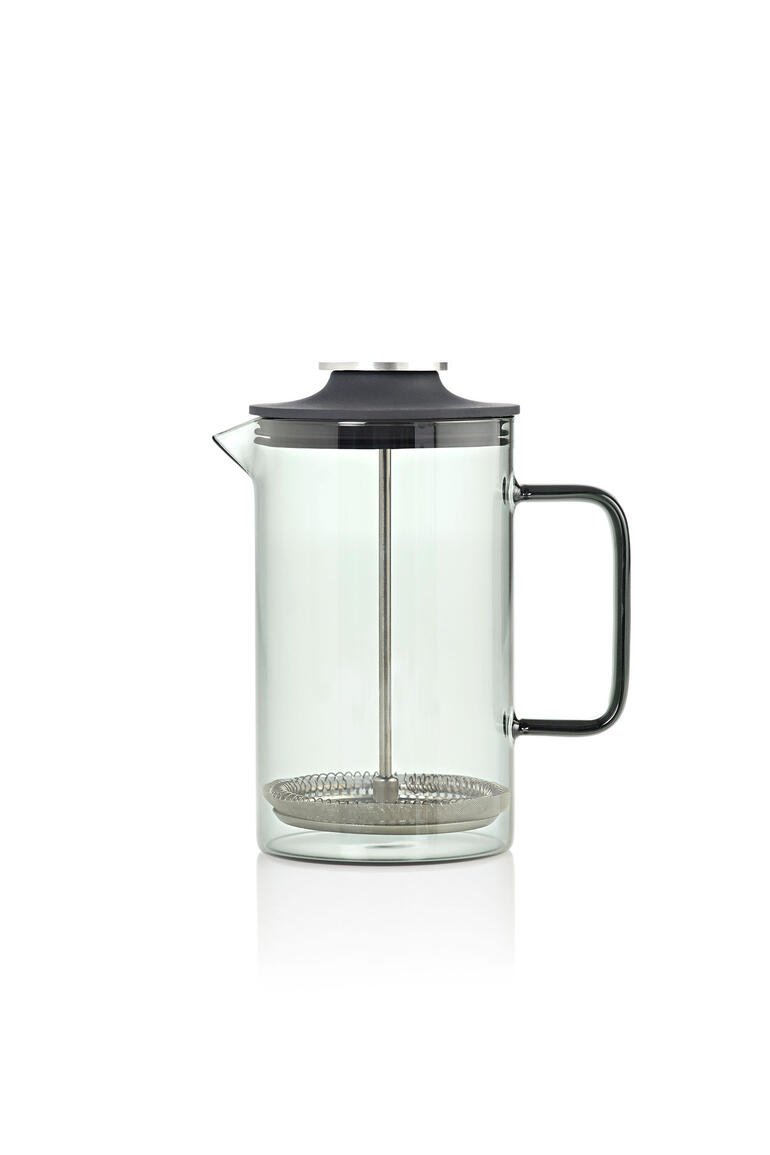 French-Press en verre soufflé à la bouche de 600 ml, vue fermée.