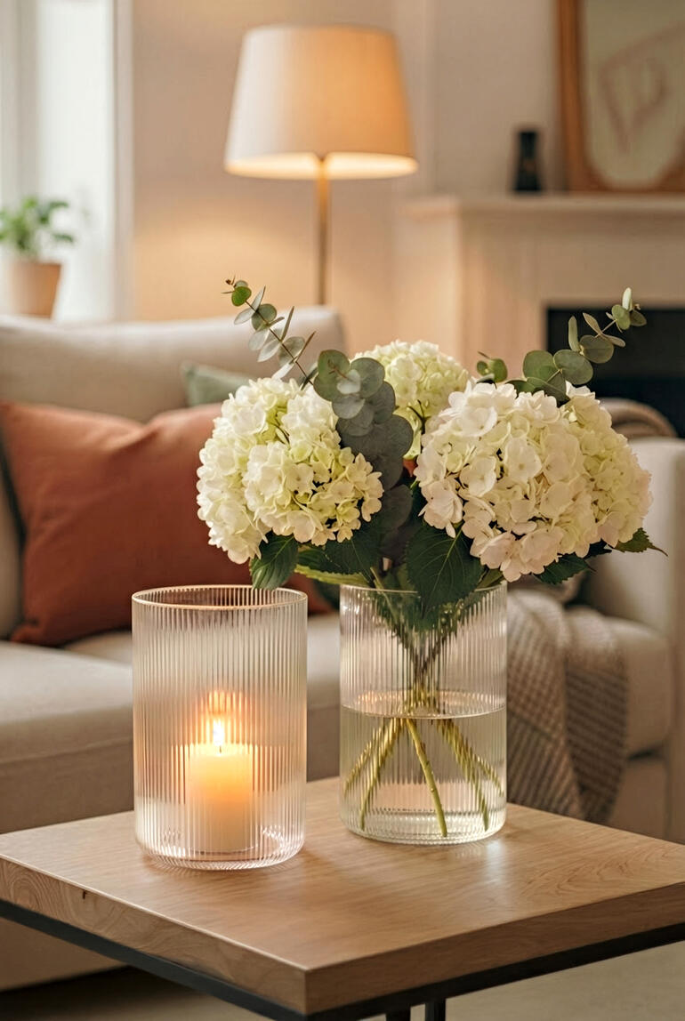 Deux vases avec des fleurs blanches et de la lumière dans un espace de vie moderne.