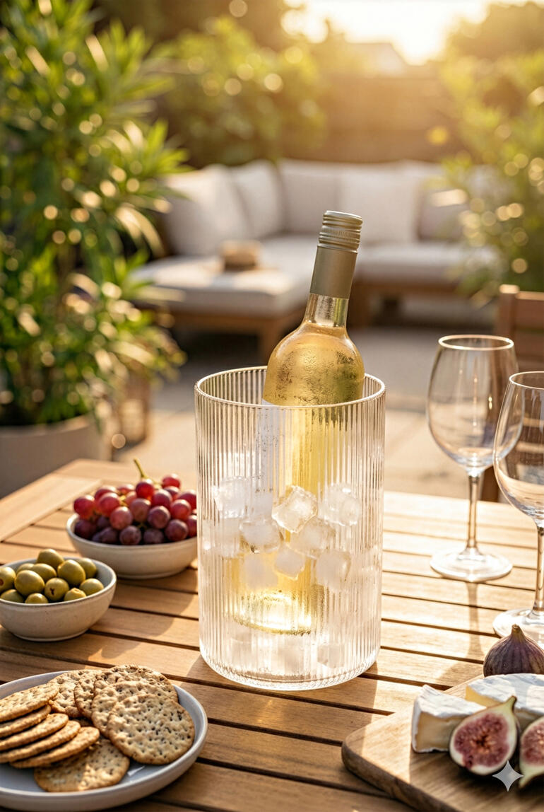 Vase rempli de glaçons avec une bouteille de vin à l'extérieur, entourée de collations.