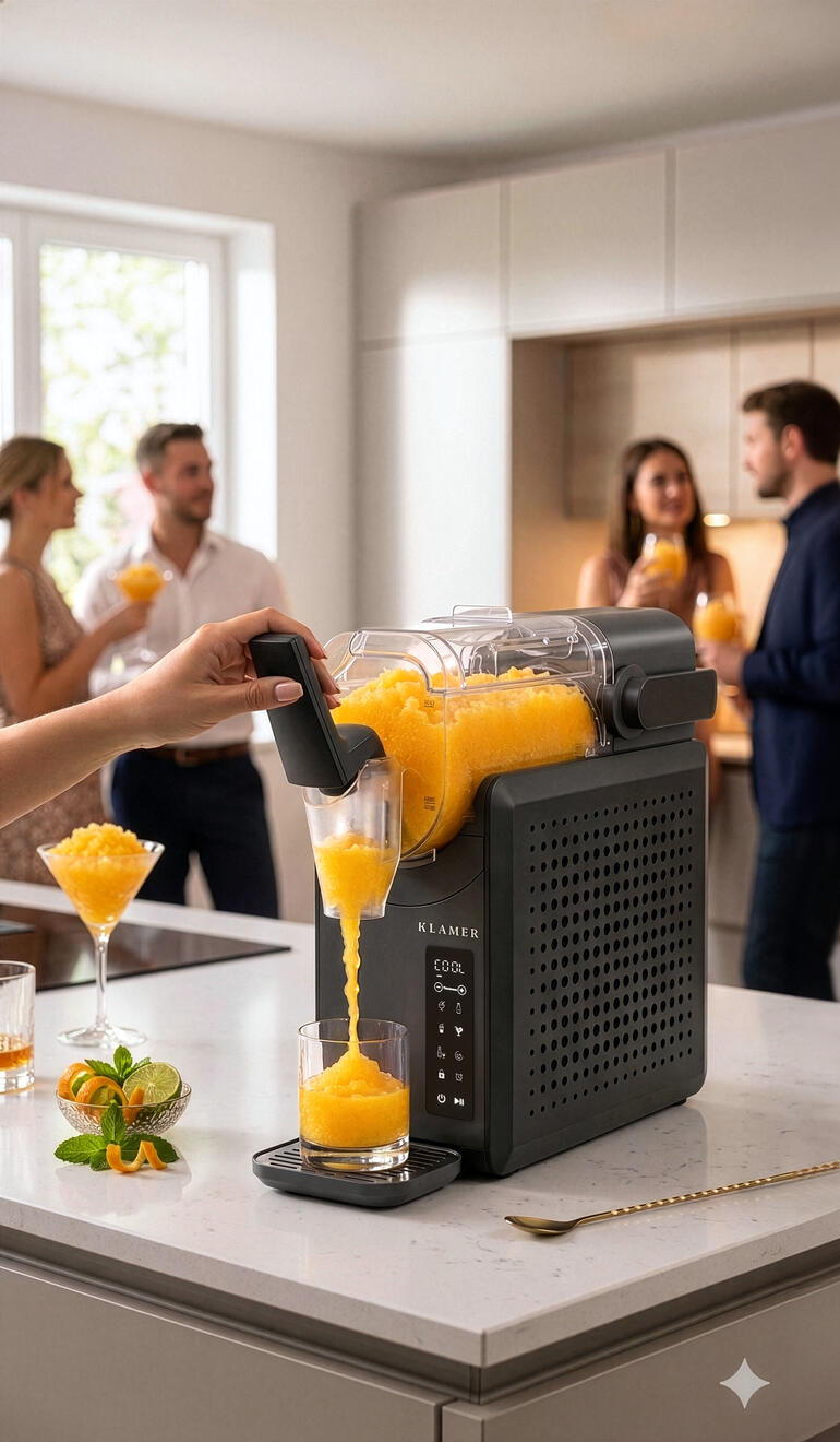 Préparateur de slush sur le plan de travail de la cuisine avec des verres et des boissons.