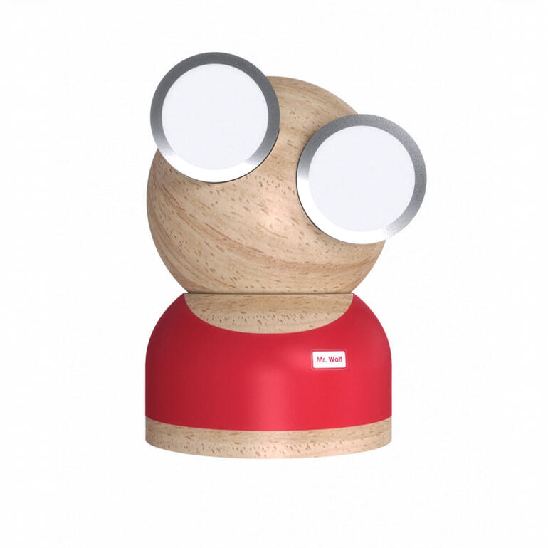 Mr. Watt en corail avec de grands yeux en bois.