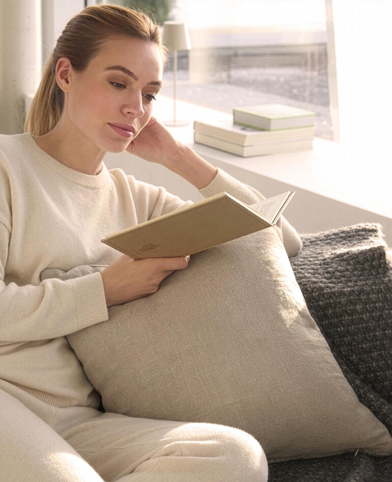 Femme lisant un livre sur un canapé avec un coussin beige en arrière-plan.