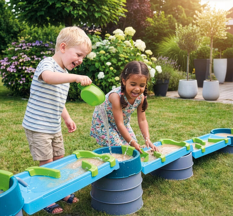 Deux enfants jouent sur un circuit d'eau et de boue modulaire dans le jardin.