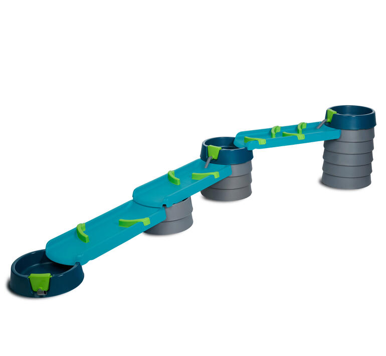 Circuit d'eau et de boue modulaire avec des éléments bleus et verts.