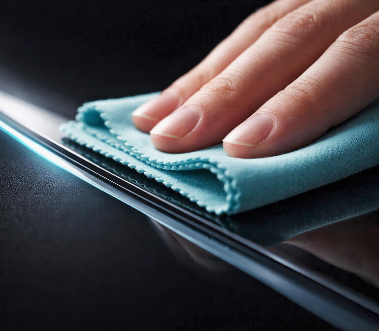 Main essuyant une surface brillante avec un chiffon de soin de brillance bleu.