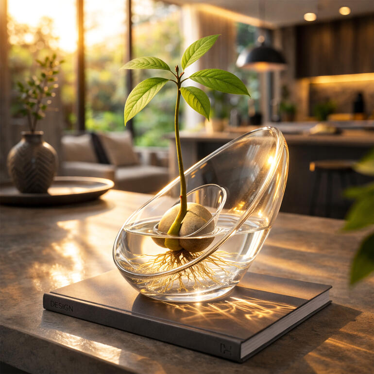 Vase en forme d'avocat avec plante et racines dans l'eau claire sur une table.