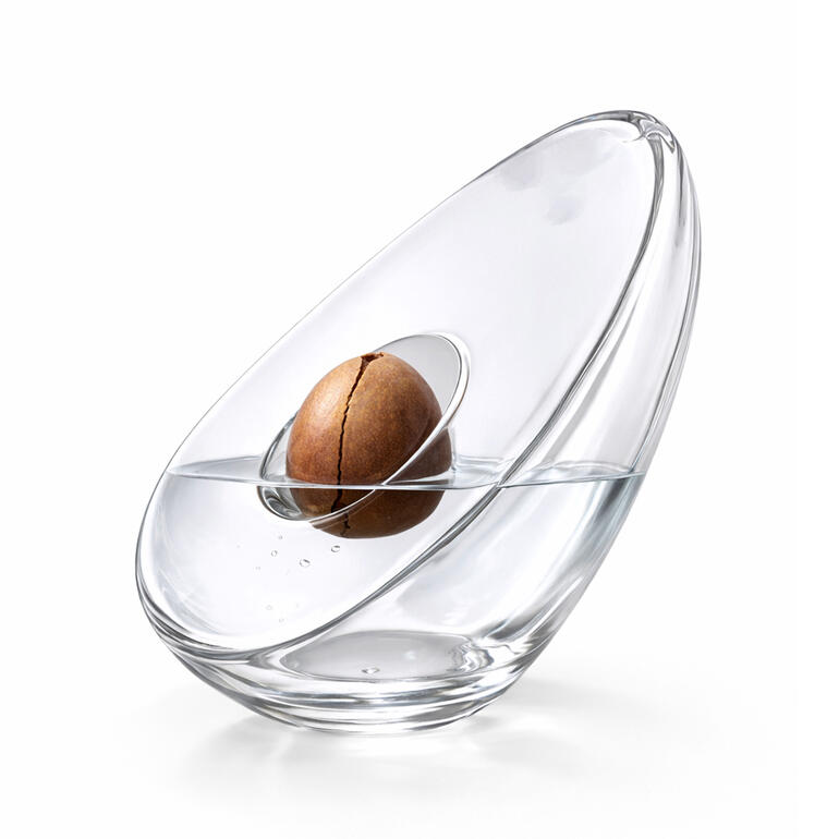 Vase en forme d'avocat avec un noyau d'avocat dans l'eau, dans une élégante forme.