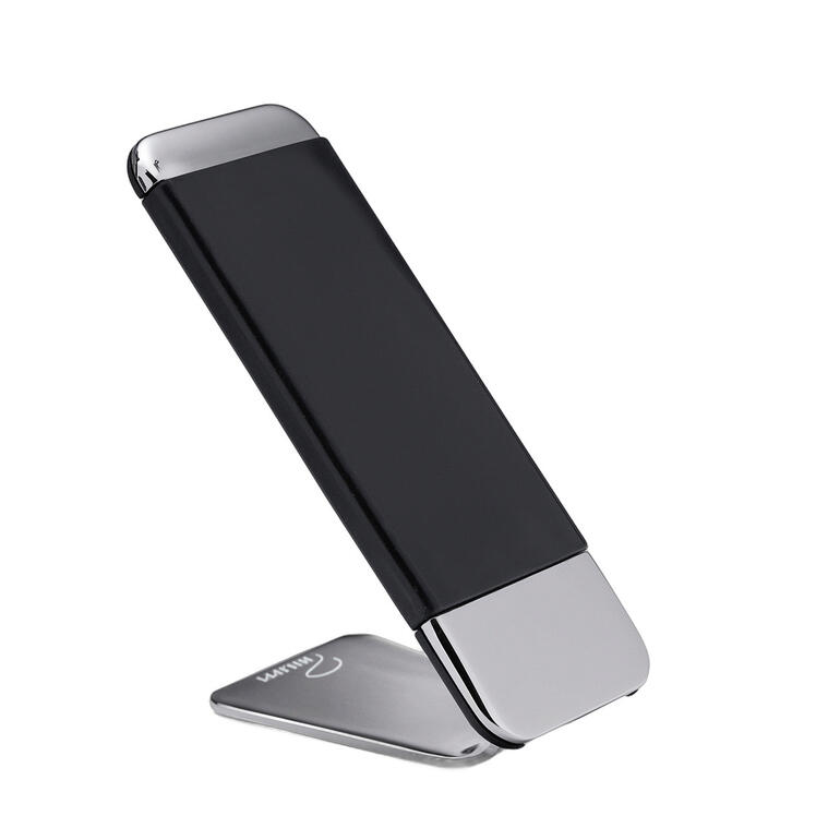 Support de téléphone noir en position verticale sur une table.