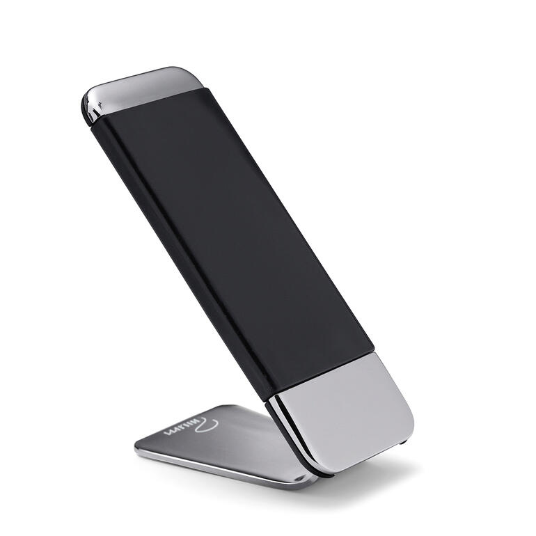 Support de téléphone noir en position verticale sur une table.