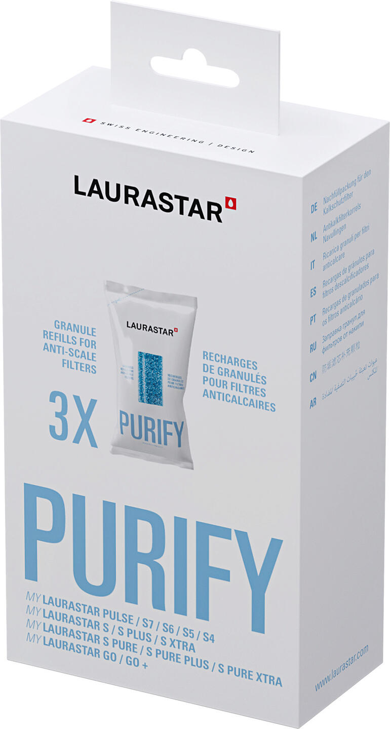 Emballage avec trois sachets de granulés de remplacement pour filtres.