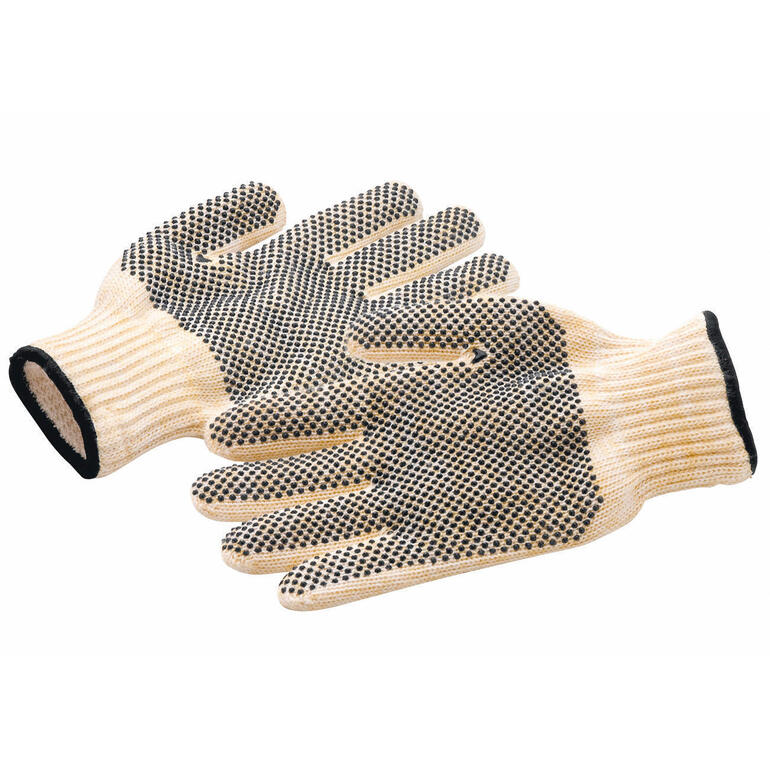 Des picots en silicone résistant à la chaleur permettent de saisir les plats sans glisser. Deux gants résistant à la chaleur, beige avec des points noirs.