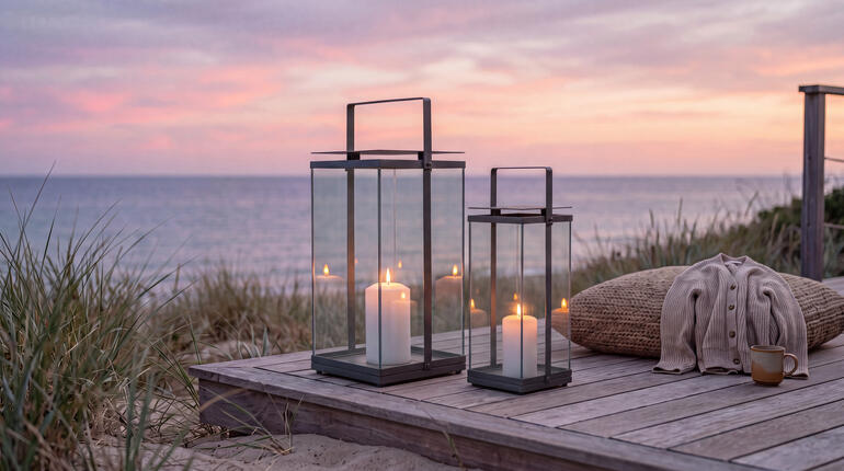 Deux lanternes design sur une terrasse en bois à la plage au coucher du soleil.