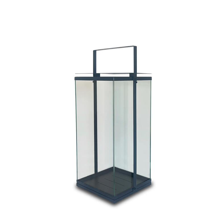 Lanterne design anthracite avec sommet ouvert sur fond blanc.