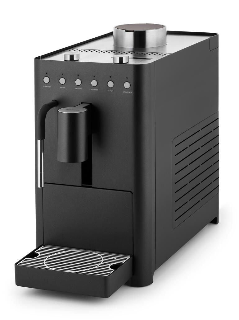 Machine à café design Chipperfield Edition en anthracite avec couvercle en chrome.