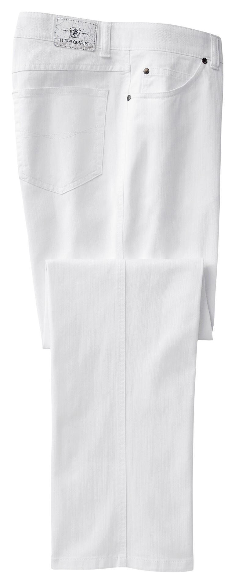 Jeans blancs T400 avec une jambe courte sur fond blanc