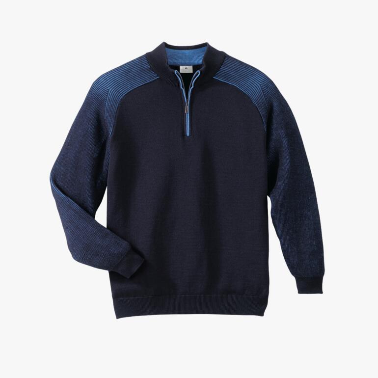 Pull bleu foncé avec fermeture éclair et accents bleus.