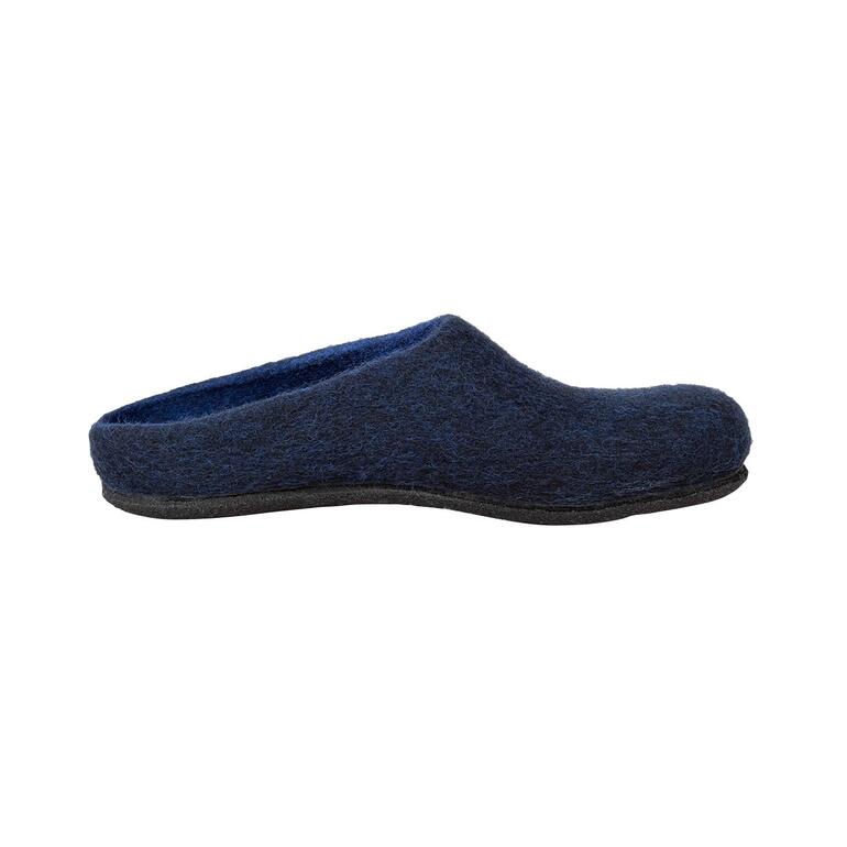 Chaussons en feutre bleu foncé sans talon, vue latérale.