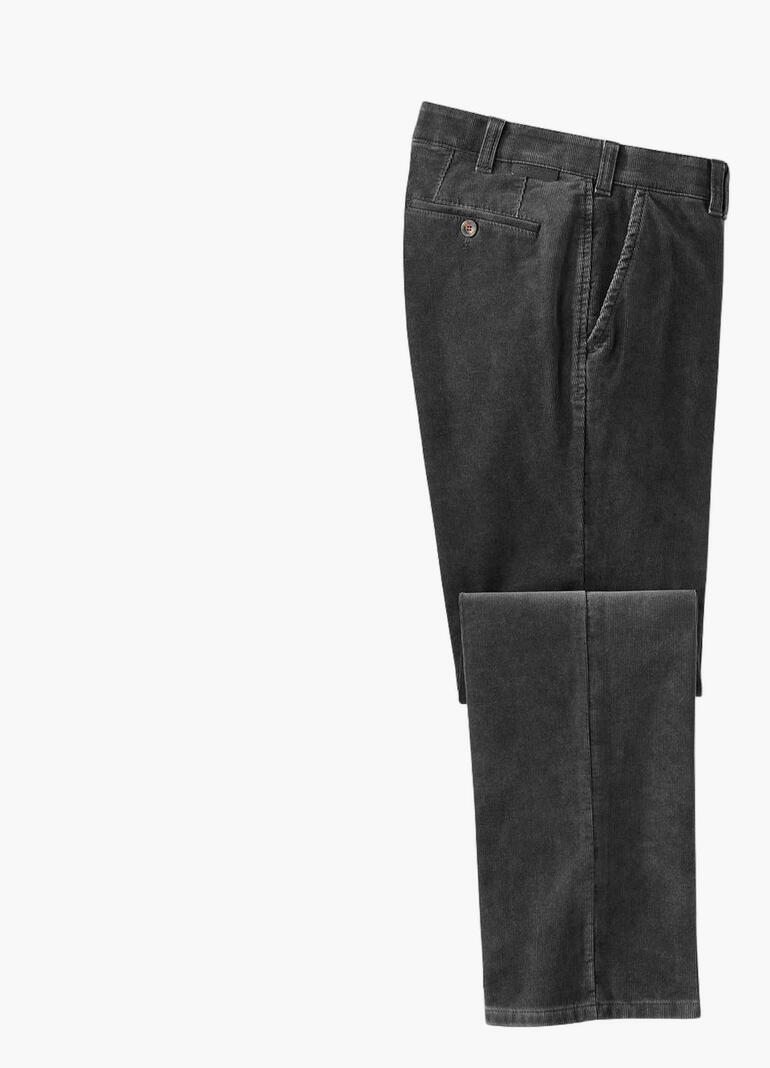 Pantalon en velours côtelé noir, vue de face, avec vue latérale et supérieure.