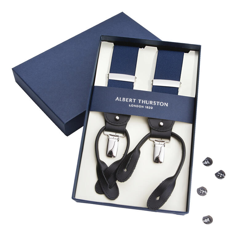 Bretelles Albert Thurston dans une boîte cadeau avec boutons.