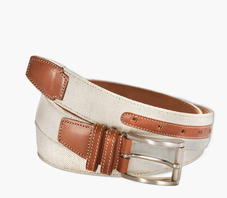 Ceinture en lin et cuir italien, vue sur la boucle et la fermeture.