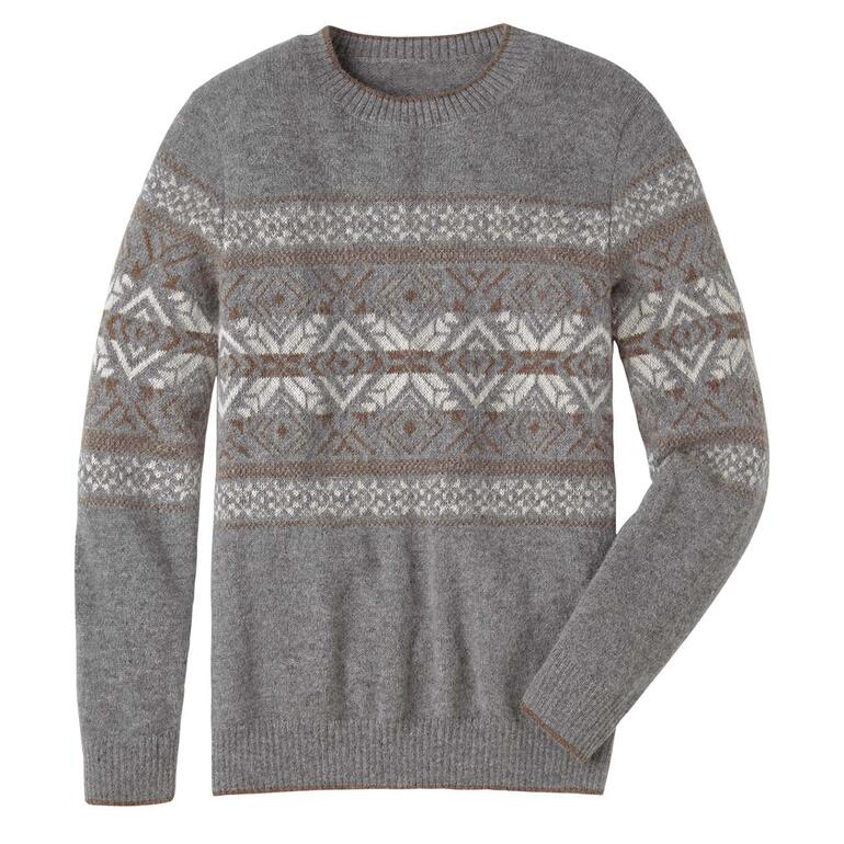 Pull norvégien en bébé alpaga gris avec motif géométrique sur fond clair.