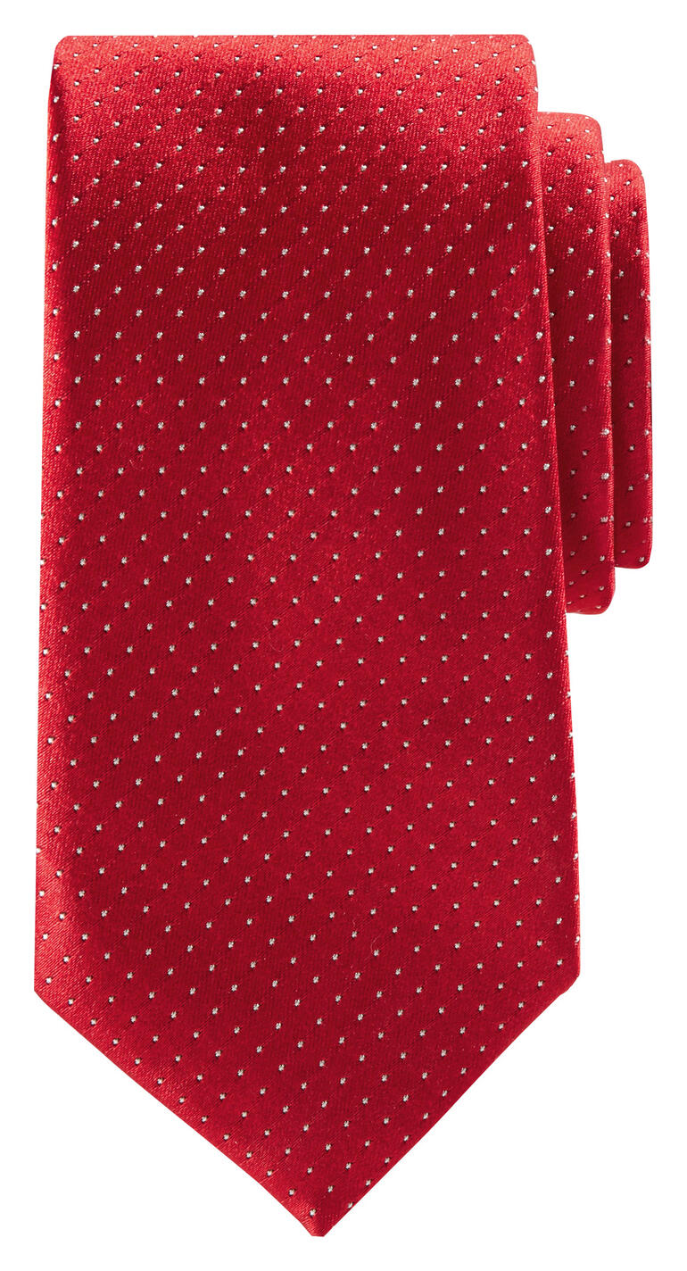 Cravate en soie Ascot rouge à pois blancs sur fond blanc.