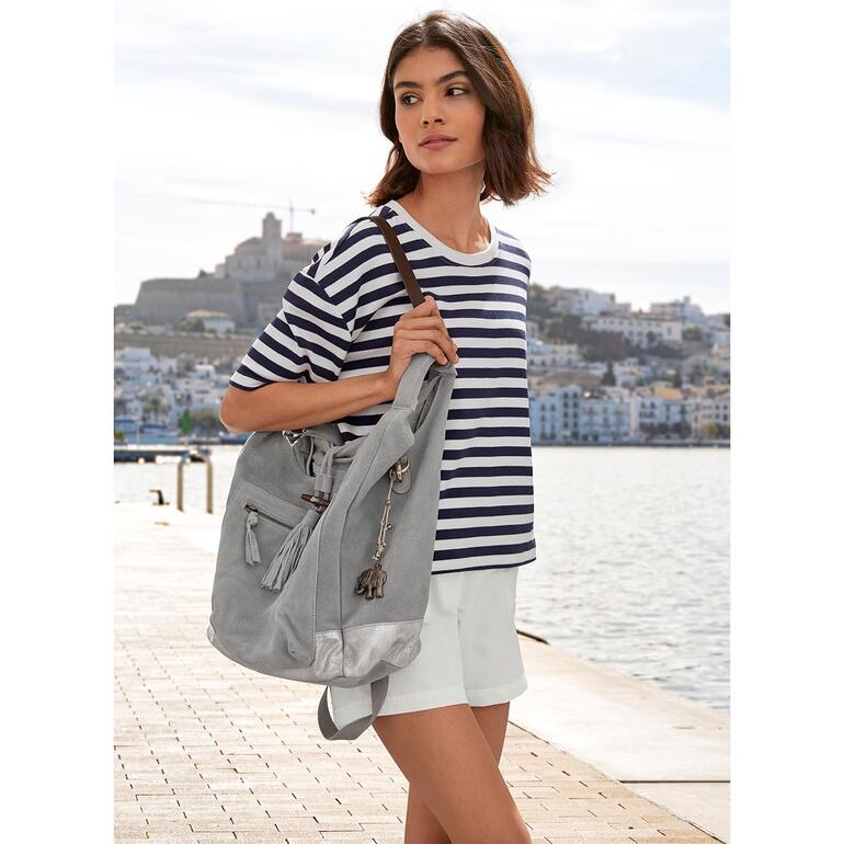 Sac à main Anokhi, Grège Femme portant un t-shirt boxy rayé avec poche à la plage
