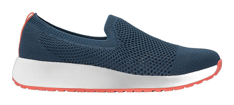 Vue de côté d'un slip-on pour femme Swims Summer-Knit en Navy avec semelle corail.