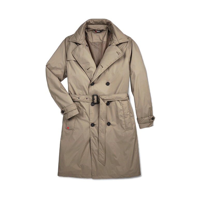 Trench coat de pluie beige Knirps pour hommes avec ceinture en position ouverte