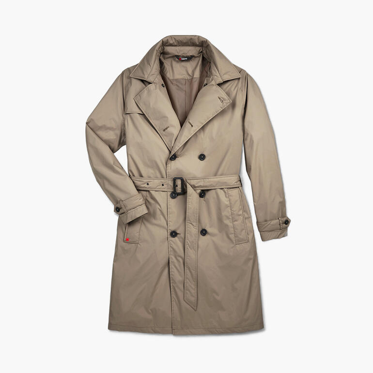 Trench coat de pluie beige Knirps pour hommes avec ceinture en position ouverte