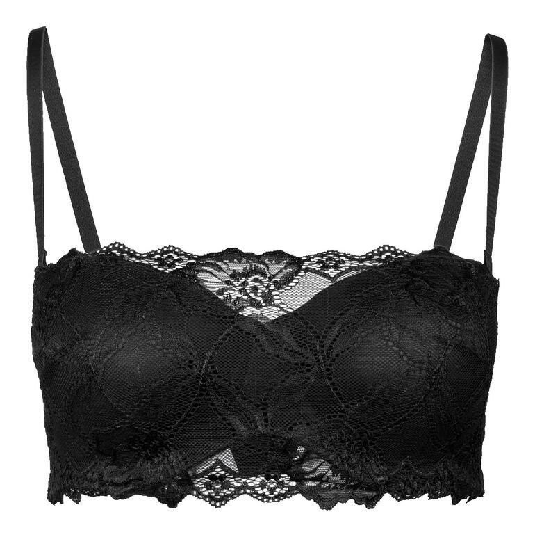 Soutien-gorge bandeau After Eden en noir, vue de face avec dentelle élaborée.