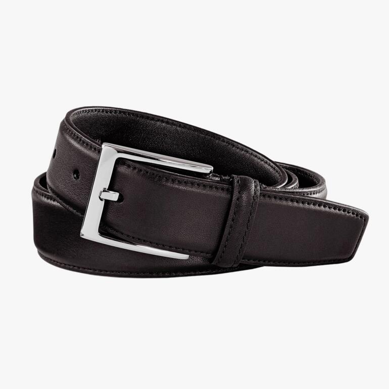 Ceinture en cuir de veau noir italien avec boucle argentée, taille 85 cm.