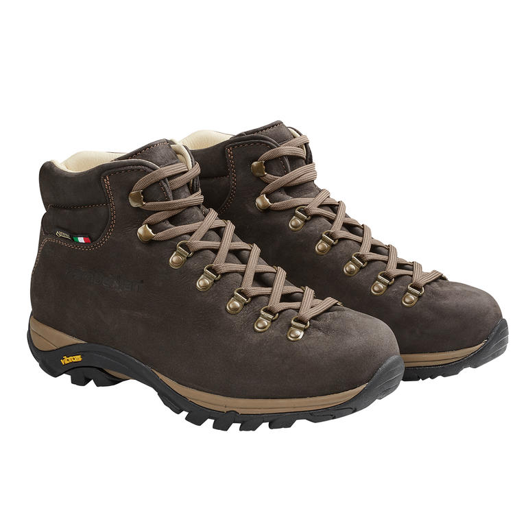 Deux bottes de randonnée Zamberlan® en brun se tiennent côte à côte.
