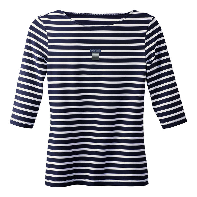 Vue avant d'un haut rayé en marine et blanc avec étiquette de marque.