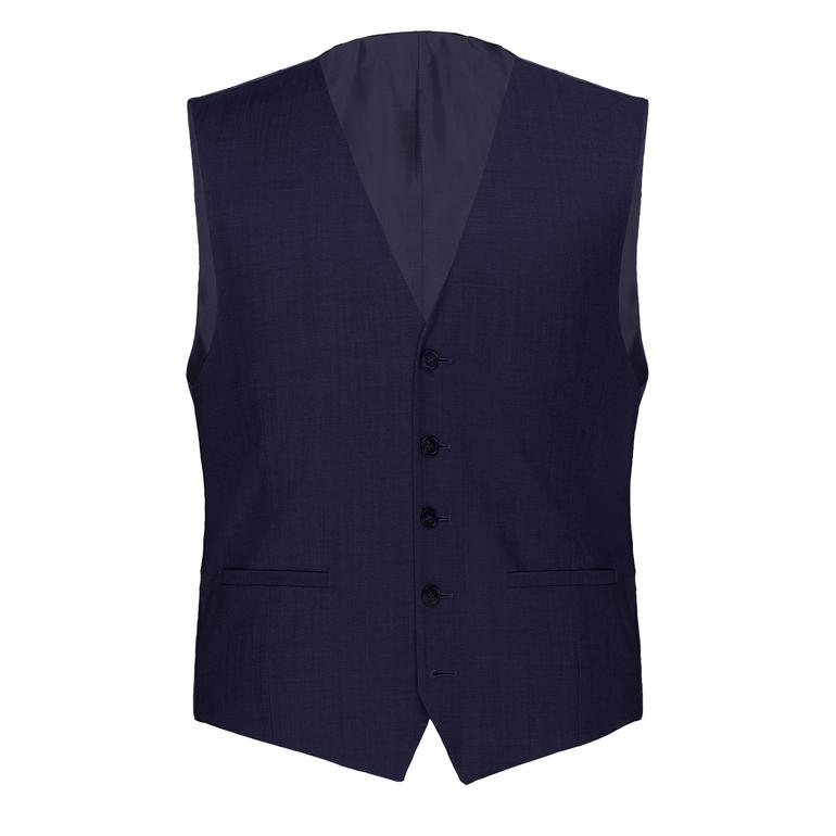 Gilet bleu foncé à quatre boutons, pris de face.