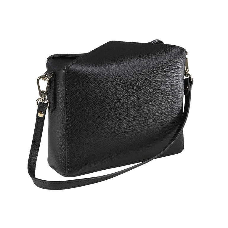 Sac noir avec accents dorés, de forme élégante.