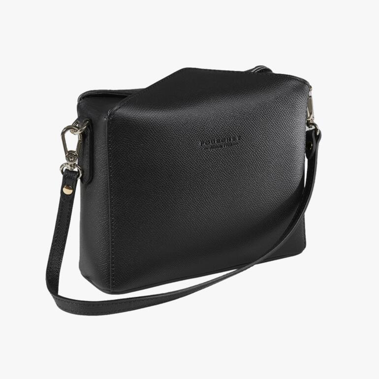 Sac noir avec accents dorés, de forme élégante.