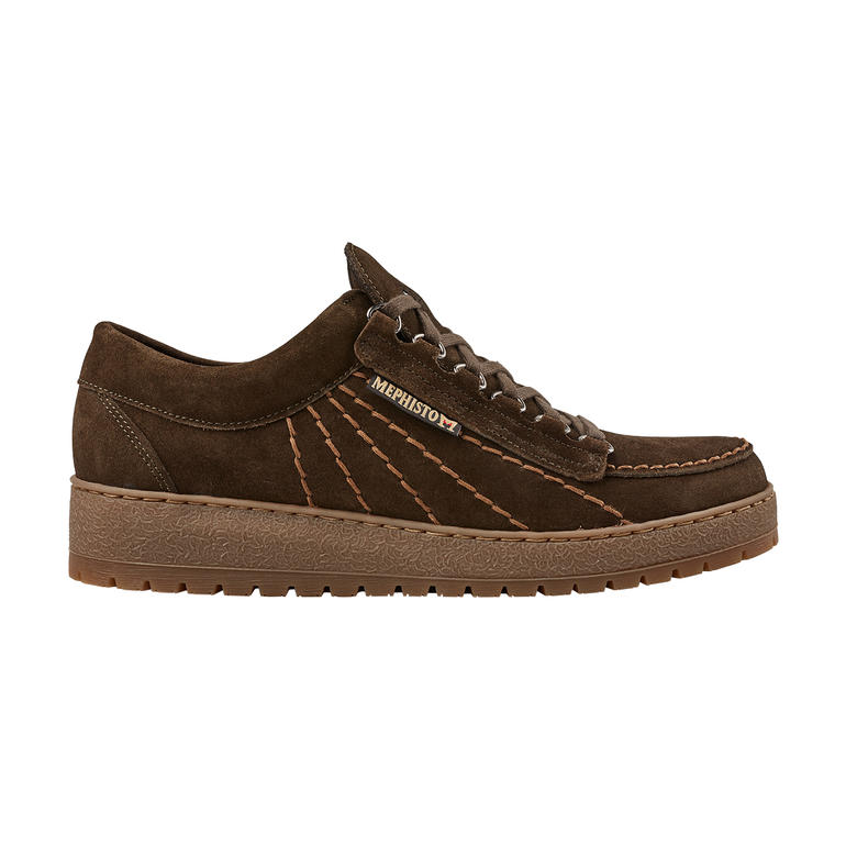 Mocassins sneaker Rainbow Mephisto Vue de côté d'une sneaker Mephisto Mokassin Rainbow olive avec coutures décoratives.