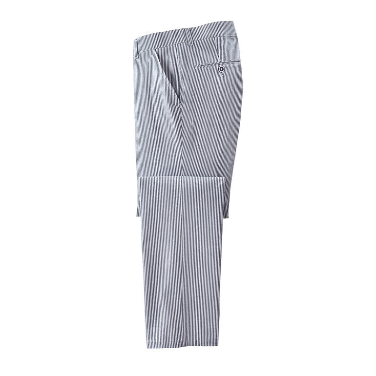 Pantalon en seersucker à rayures bleues et blanches, taille inconnue, sur fond blanc