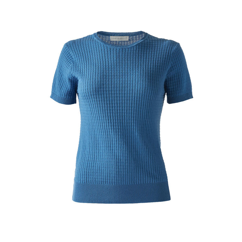 T-shirt en tricot Giza bleu de face, surface texturée