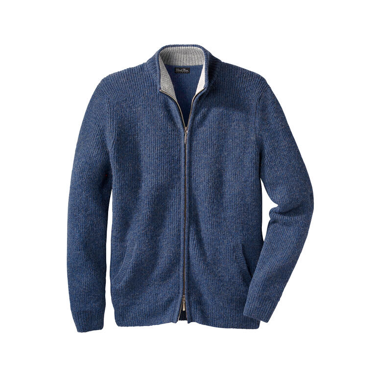 Cardigan en alpaga bébé bleu avec fermeture éclair et poches.