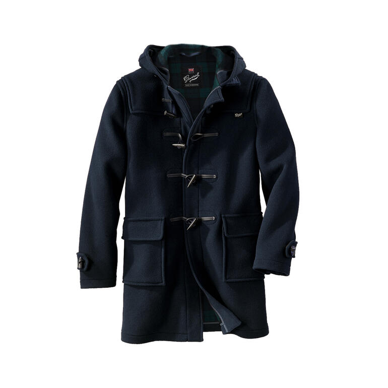 Dufflecoat bleu marine avec boutons en bois et capuche