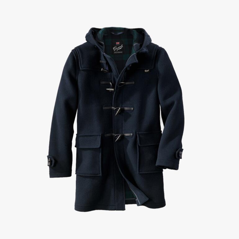 Dufflecoat bleu marine avec boutons en bois et capuche