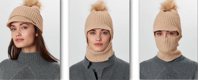 Bonnet réversible beige, élégant avec un pompon, présenté sous trois angles différents.